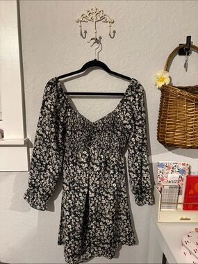 Black Floral Long-Sleeve Smocked Waist Dress